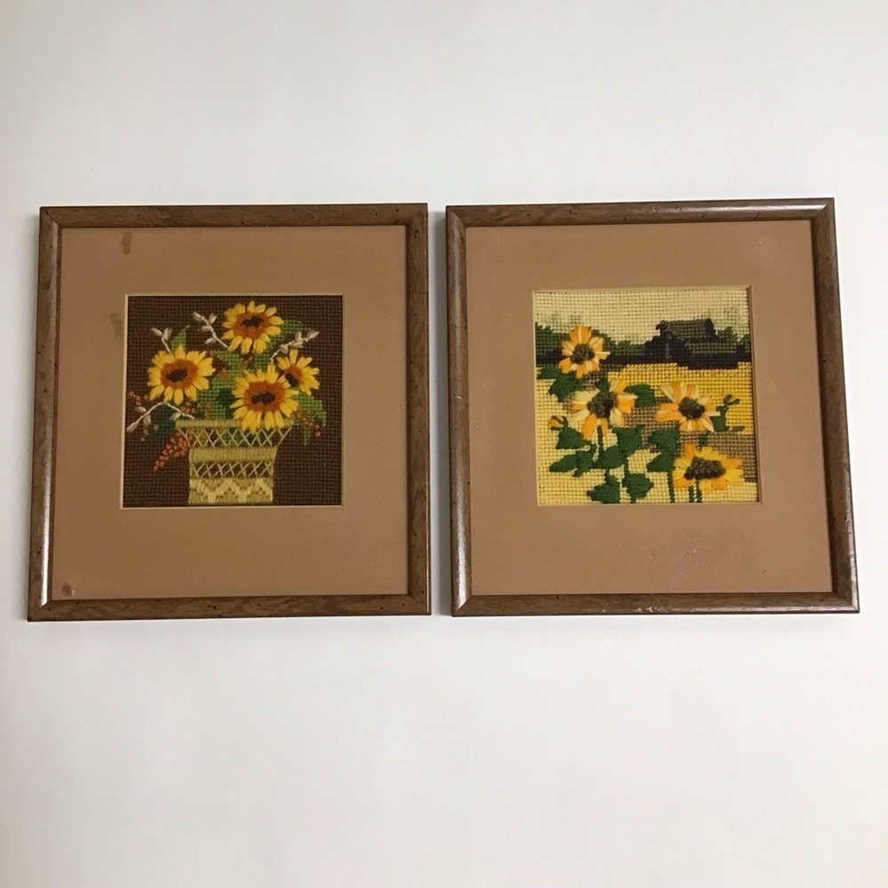 Sunflowers Needlepoint PAIR Wool Crewel Work 1979 Framed Art Farmhouse Landscape - Picture 2 of 14